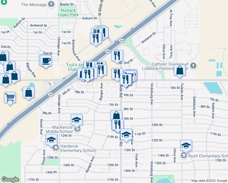 map of restaurants, bars, coffee shops, grocery stores, and more near 502 Slide Road in Lubbock