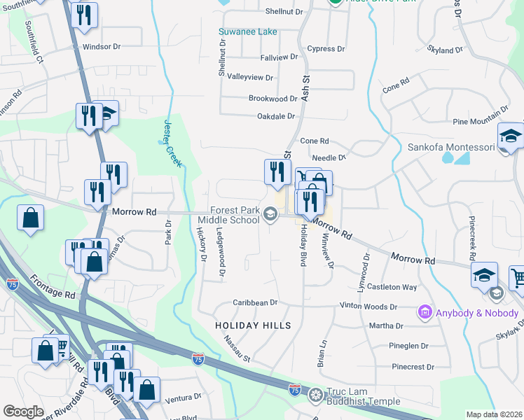 map of restaurants, bars, coffee shops, grocery stores, and more near 686 Morrow Road in Forest Park