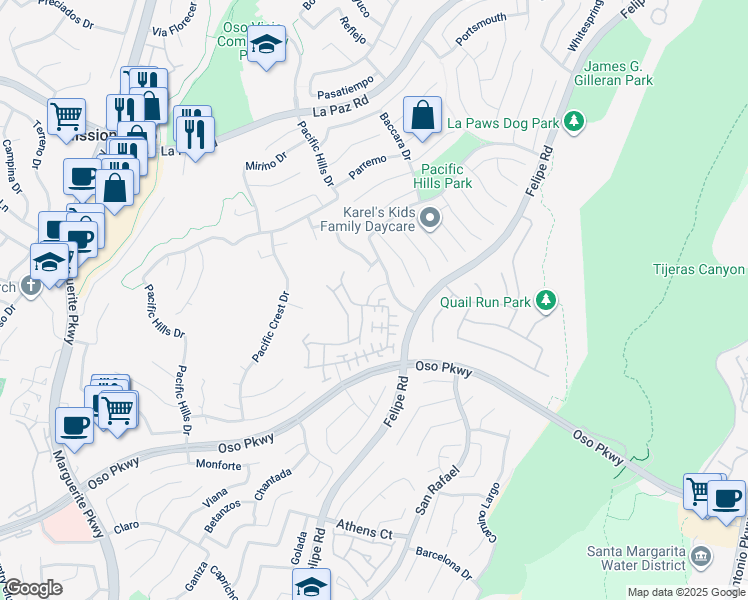 map of restaurants, bars, coffee shops, grocery stores, and more near 139 Melrose Drive in Mission Viejo