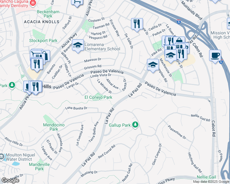 map of restaurants, bars, coffee shops, grocery stores, and more near 25552 La Mirada Street in Laguna Hills