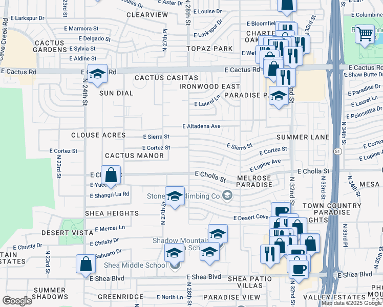 map of restaurants, bars, coffee shops, grocery stores, and more near 2801 East Cortez Street in Phoenix
