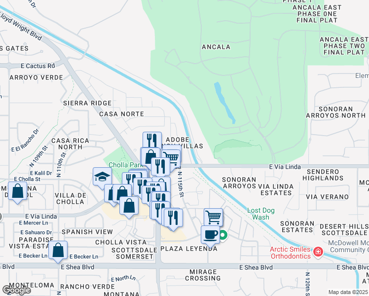 map of restaurants, bars, coffee shops, grocery stores, and more near 11543 North 114th Place in Scottsdale