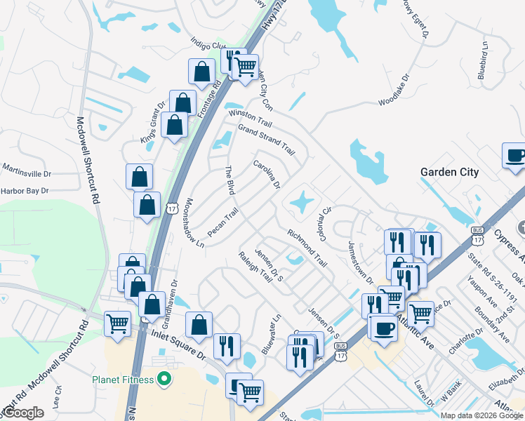 map of restaurants, bars, coffee shops, grocery stores, and more near 3115 Palmetto Drive in Murrells Inlet