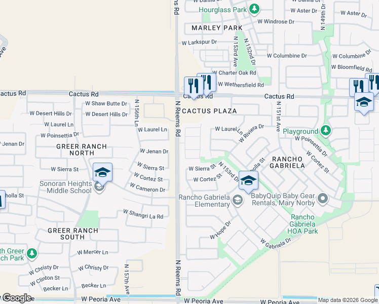 map of restaurants, bars, coffee shops, grocery stores, and more near 15413 West Jenan Drive in Surprise