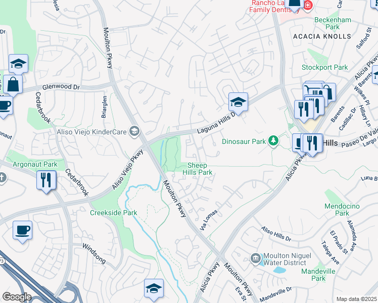 map of restaurants, bars, coffee shops, grocery stores, and more near 25551 Indian Hill Lane in Laguna Hills