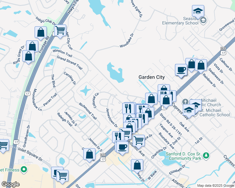 map of restaurants, bars, coffee shops, grocery stores, and more near 912 Prince William Court in Murrells Inlet