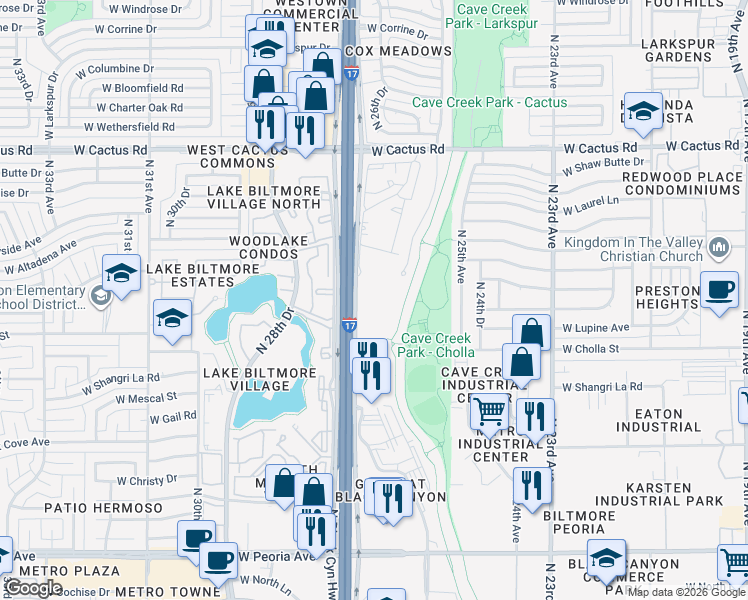 map of restaurants, bars, coffee shops, grocery stores, and more near 11601 North Black Canyon Highway in Phoenix