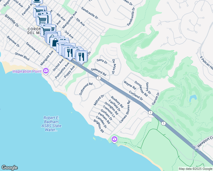 map of restaurants, bars, coffee shops, grocery stores, and more near 342 Morning Canyon Road in Newport Beach