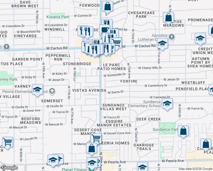 map of restaurants, bars, coffee shops, grocery stores, and more near 7434 West Canterbury Drive in Peoria