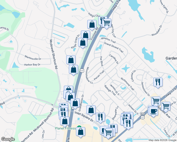 map of restaurants, bars, coffee shops, grocery stores, and more near 3456 Piedmont Trail in Murrells Inlet
