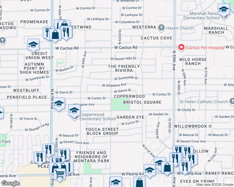 map of restaurants, bars, coffee shops, grocery stores, and more near 6227 West Sierra Street in Glendale