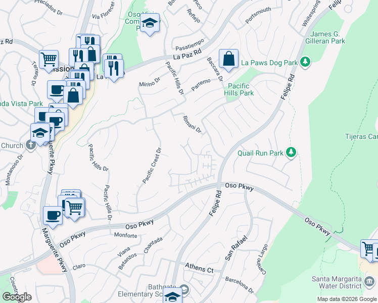 map of restaurants, bars, coffee shops, grocery stores, and more near 17 Chaumont in Mission Viejo
