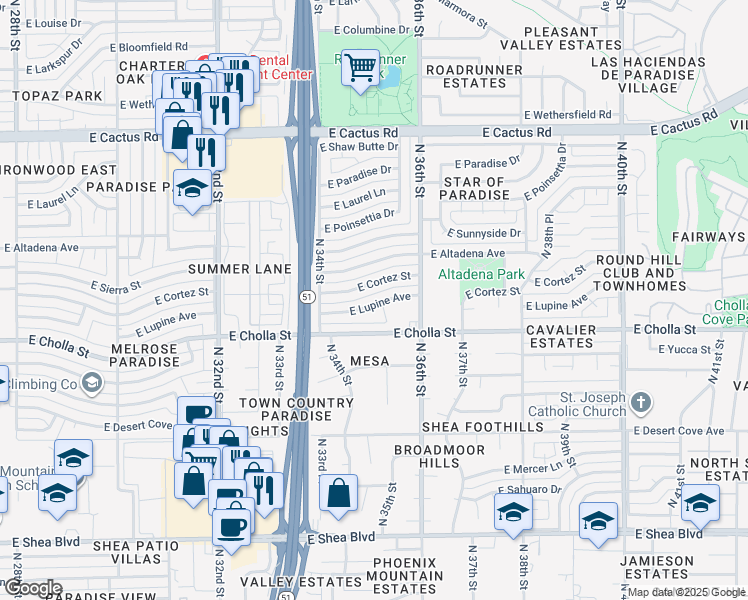 map of restaurants, bars, coffee shops, grocery stores, and more near 3440 East Lupine Avenue in Phoenix