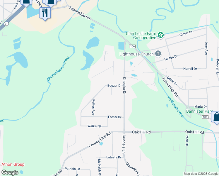 map of restaurants, bars, coffee shops, grocery stores, and more near 908 Boozer Drive in Oxford
