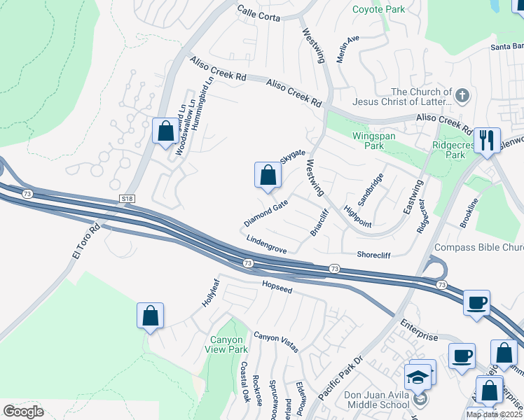 map of restaurants, bars, coffee shops, grocery stores, and more near 12 Crystalglen in Aliso Viejo