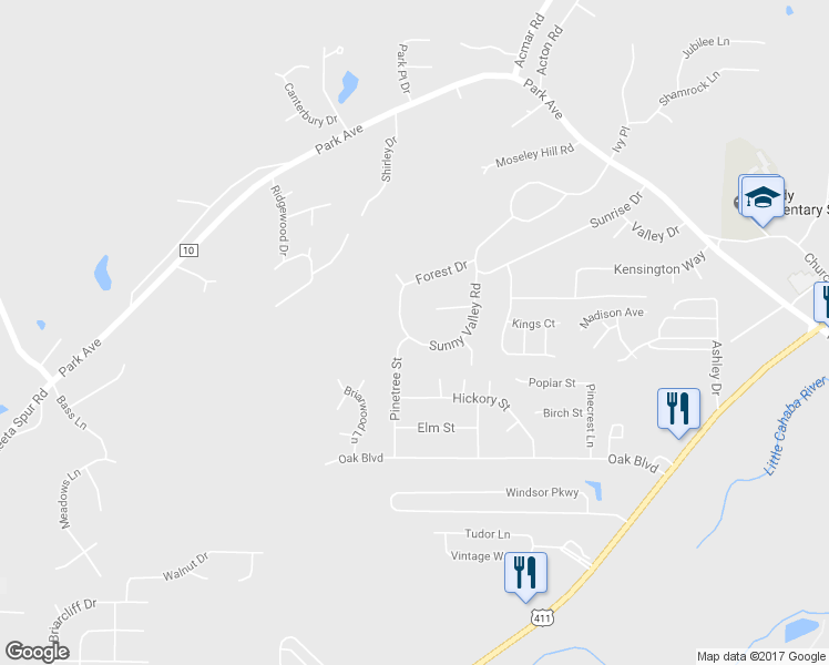 map of restaurants, bars, coffee shops, grocery stores, and more near 2407 Sunrise Drive in Moody