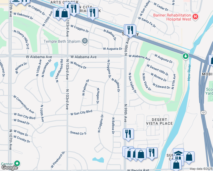 map of restaurants, bars, coffee shops, grocery stores, and more near 11641 North Coggins Drive in Sun City