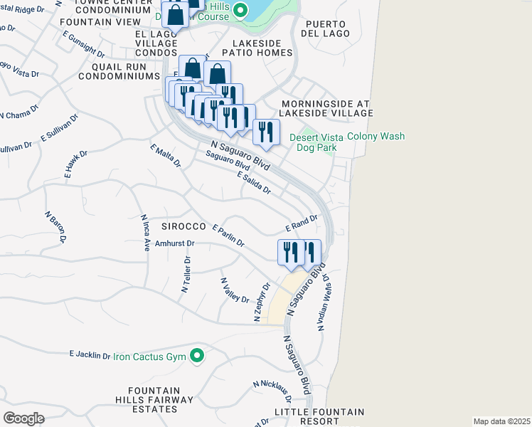 map of restaurants, bars, coffee shops, grocery stores, and more near 17131 East Malta Drive in Fountain Hills
