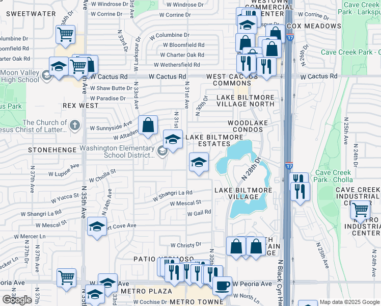 map of restaurants, bars, coffee shops, grocery stores, and more near 11450 North 30th Lane in Phoenix