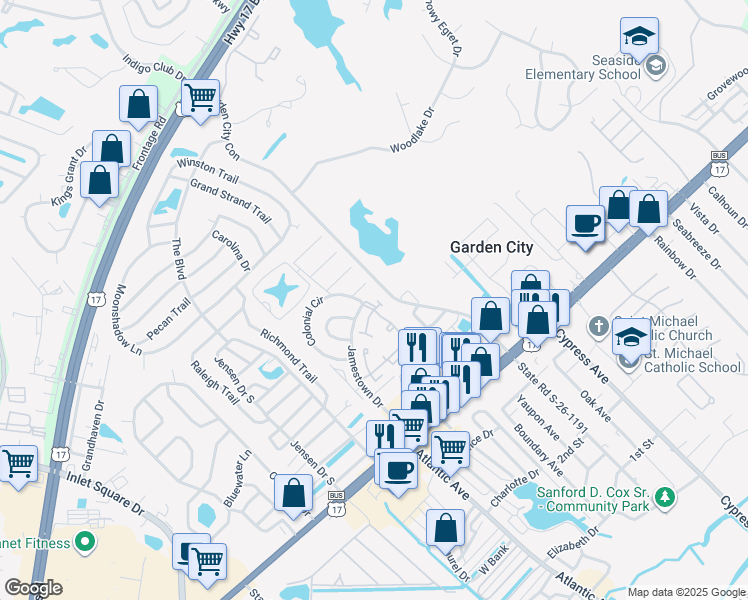 map of restaurants, bars, coffee shops, grocery stores, and more near 912 Prince William Court in Murrells Inlet