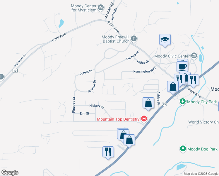 map of restaurants, bars, coffee shops, grocery stores, and more near 2205 Castle Hill Lane in Moody