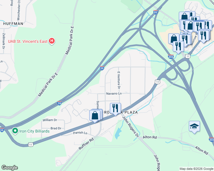 map of restaurants, bars, coffee shops, grocery stores, and more near 421 Del Rio Drive in Birmingham