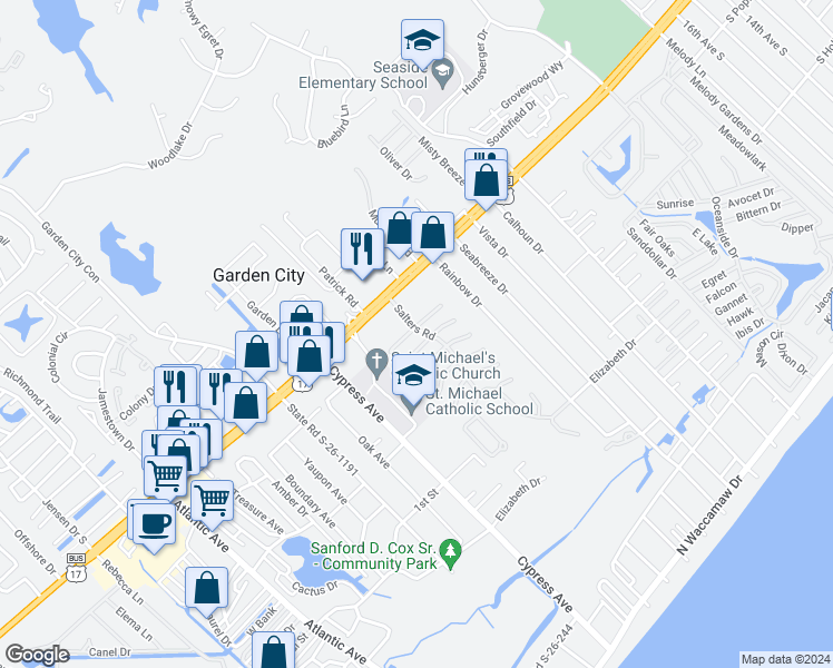 map of restaurants, bars, coffee shops, grocery stores, and more near 850 Main Sail Court in Murrells Inlet