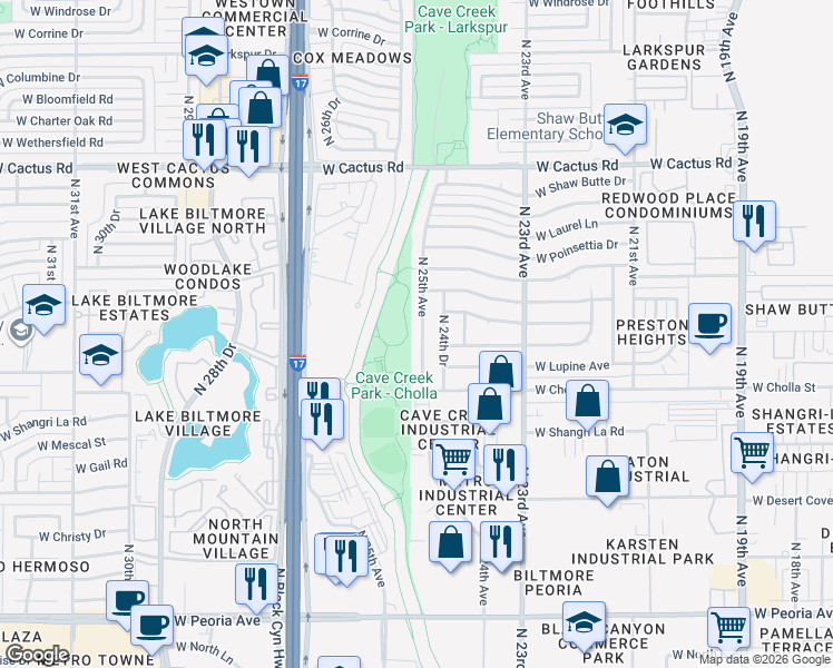 map of restaurants, bars, coffee shops, grocery stores, and more near 11448 North 24th Drive in Phoenix