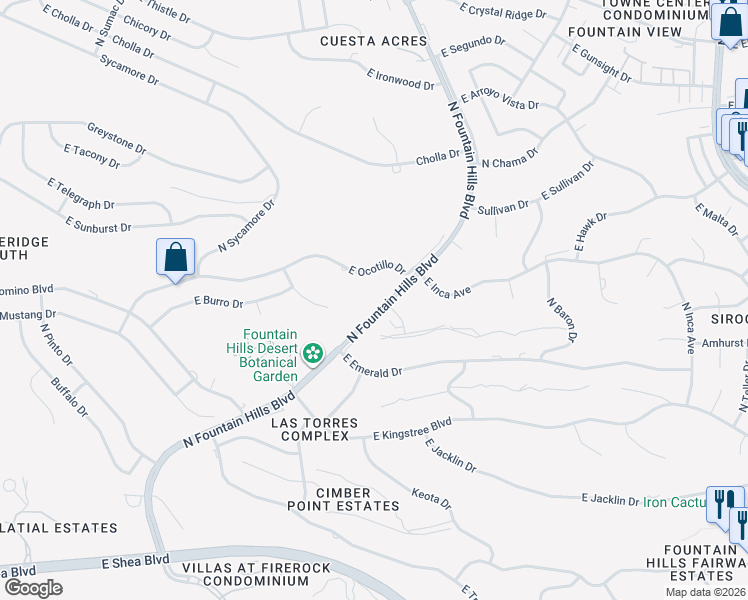 map of restaurants, bars, coffee shops, grocery stores, and more near 16137 East Ocotillo Drive in Fountain Hills