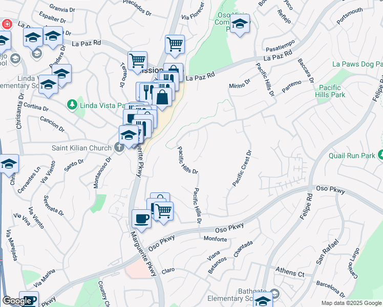 map of restaurants, bars, coffee shops, grocery stores, and more near 25601 Chimera Drive in Mission Viejo
