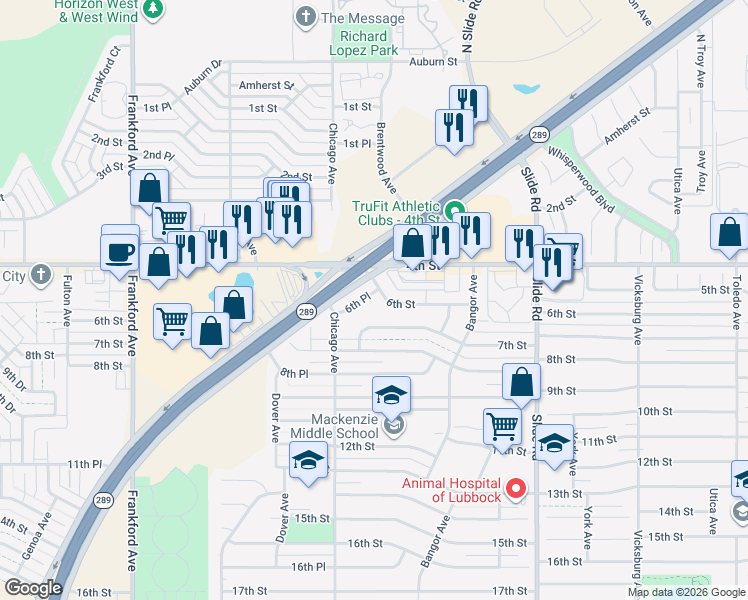 map of restaurants, bars, coffee shops, grocery stores, and more near 5449 6th Place in Lubbock
