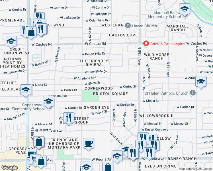 map of restaurants, bars, coffee shops, grocery stores, and more near 11615 North 61st Drive in Glendale