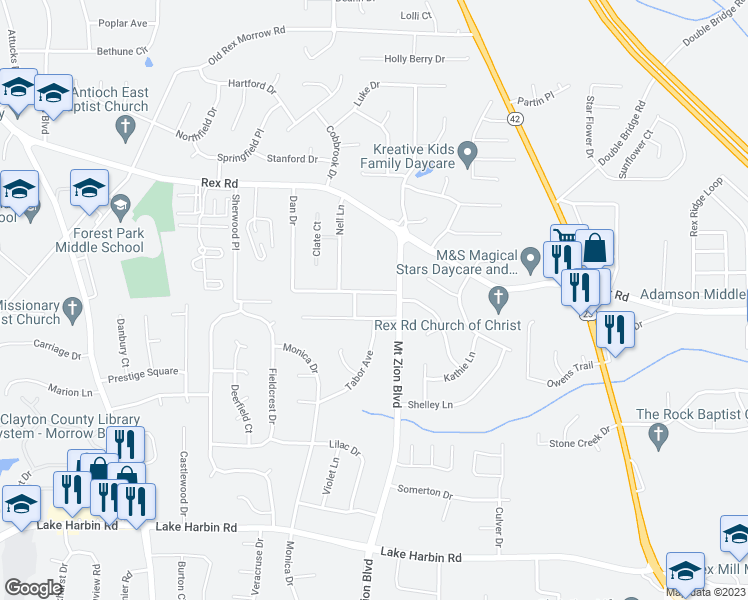 map of restaurants, bars, coffee shops, grocery stores, and more near 6047 Dan Drive in Ellenwood