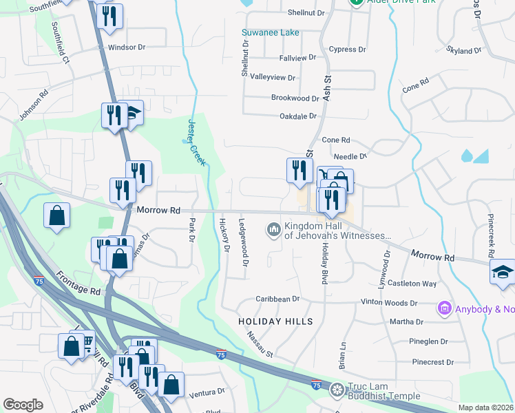 map of restaurants, bars, coffee shops, grocery stores, and more near 642 Morrow Road in Forest Park