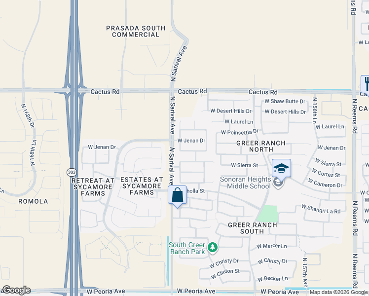 map of restaurants, bars, coffee shops, grocery stores, and more near 16264 West Canterbury Drive in Surprise