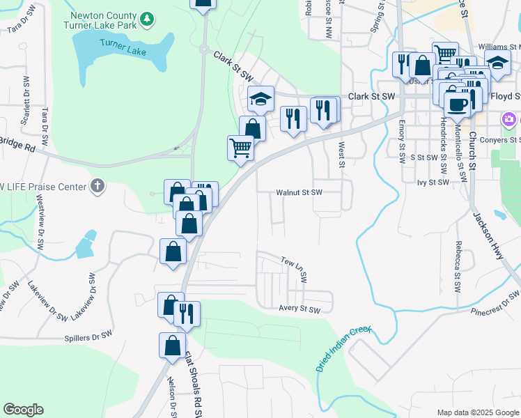 map of restaurants, bars, coffee shops, grocery stores, and more near 5177 Avery Street Southwest in Covington