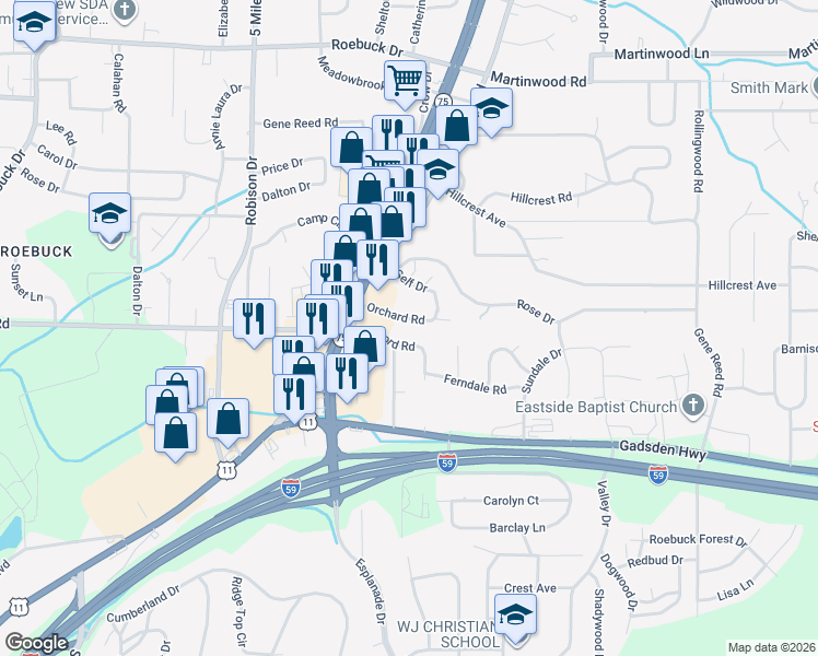 map of restaurants, bars, coffee shops, grocery stores, and more near 729 Orchard Road in Birmingham
