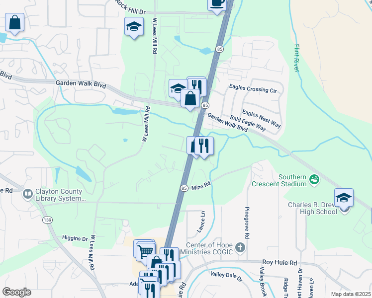 map of restaurants, bars, coffee shops, grocery stores, and more near 594 Briar Hill Lane in Riverdale