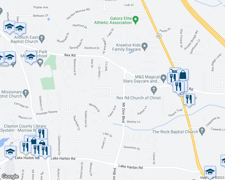 map of restaurants, bars, coffee shops, grocery stores, and more near 6039 Dan Drive in Ellenwood