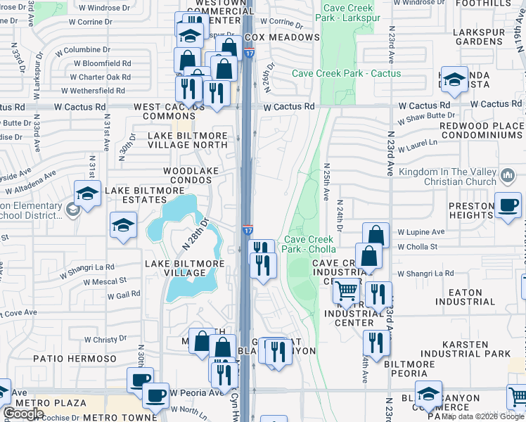 map of restaurants, bars, coffee shops, grocery stores, and more near 11601 North Black Canyon Highway in Phoenix