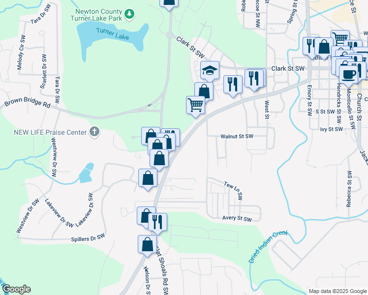 map of restaurants, bars, coffee shops, grocery stores, and more near 6125 Washington Street Southwest in Covington