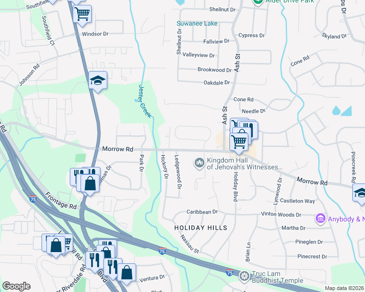 map of restaurants, bars, coffee shops, grocery stores, and more near 642 Morrow Road in Forest Park