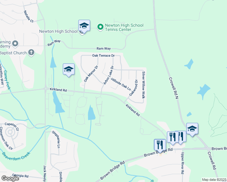 map of restaurants, bars, coffee shops, grocery stores, and more near 605 Oak Terrace Drive in Covington