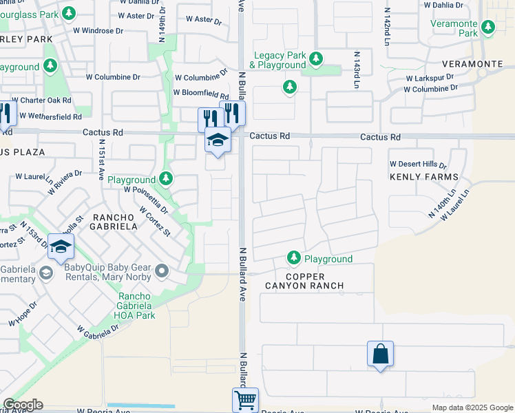 map of restaurants, bars, coffee shops, grocery stores, and more near 14589 West Poinsettia Drive in Surprise