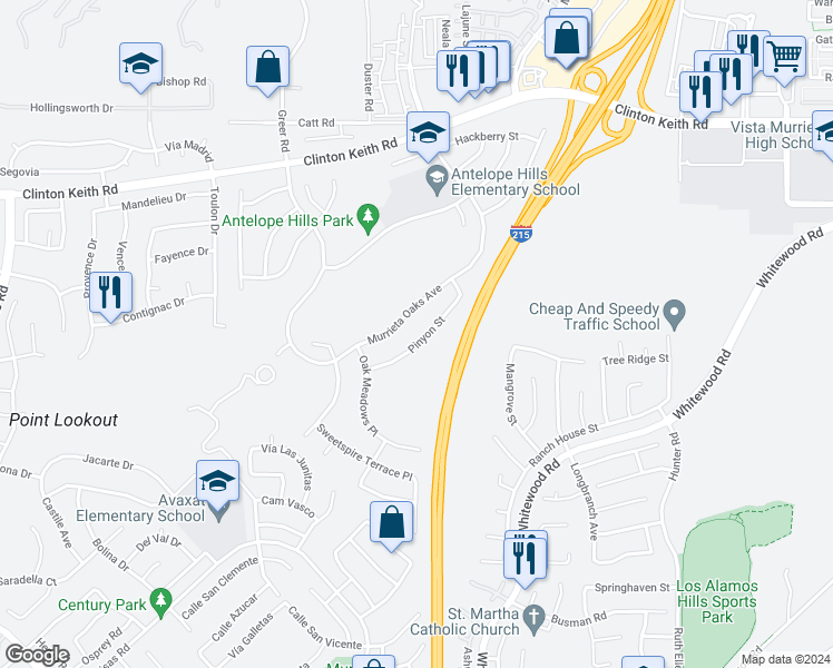 map of restaurants, bars, coffee shops, grocery stores, and more near 27451 Pinyon Street in Murrieta