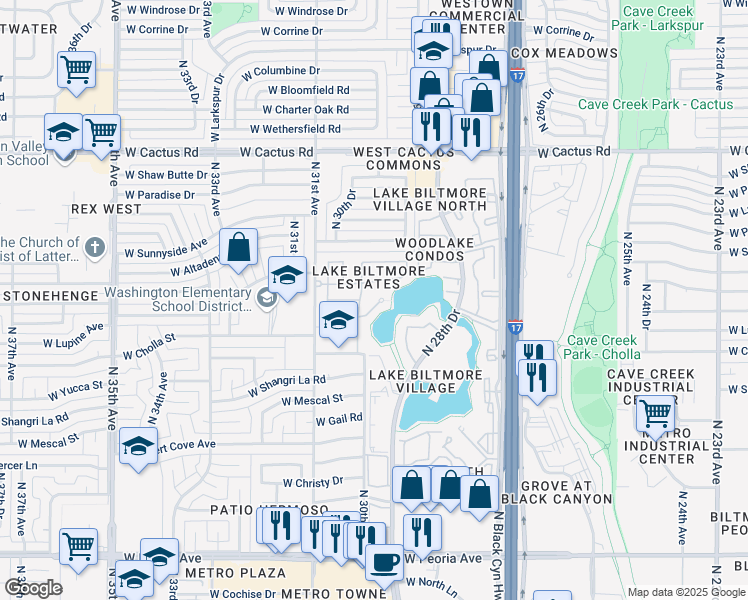 map of restaurants, bars, coffee shops, grocery stores, and more near 11449 North 30th Avenue in Phoenix