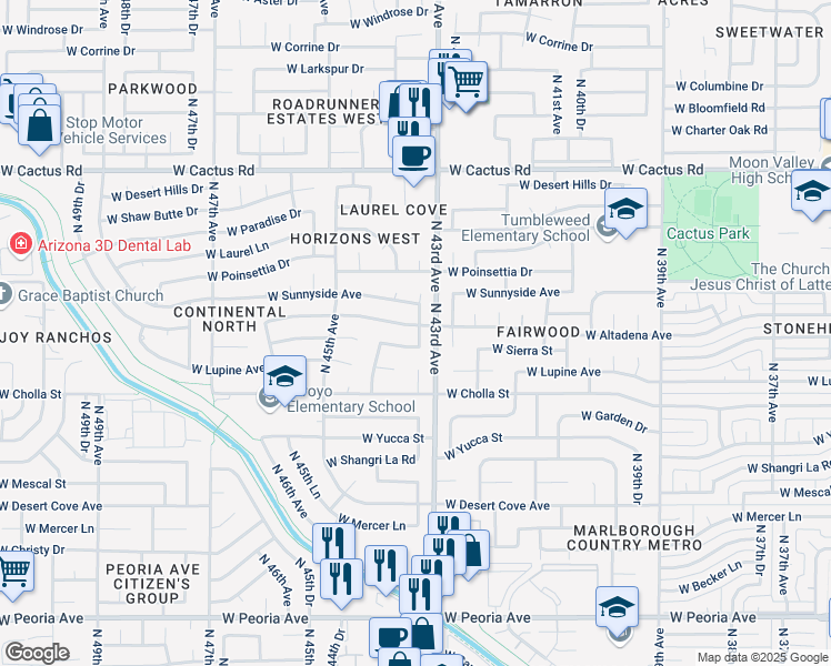 map of restaurants, bars, coffee shops, grocery stores, and more near 11453 North 43rd Drive in Glendale