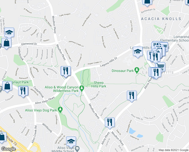 map of restaurants, bars, coffee shops, grocery stores, and more near 25551 Indian Hill Lane in Laguna Hills