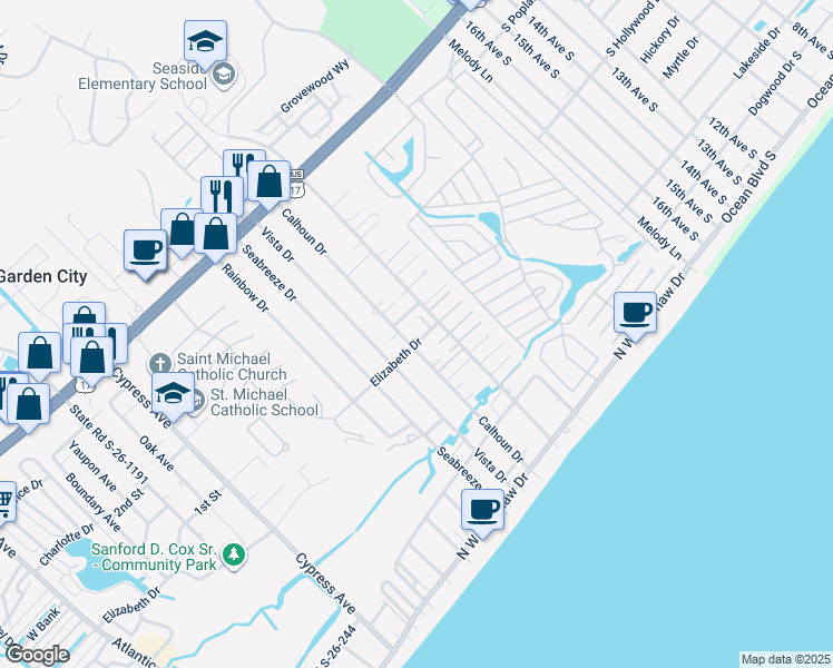 map of restaurants, bars, coffee shops, grocery stores, and more near 408 Calhoun Drive in Murrells Inlet