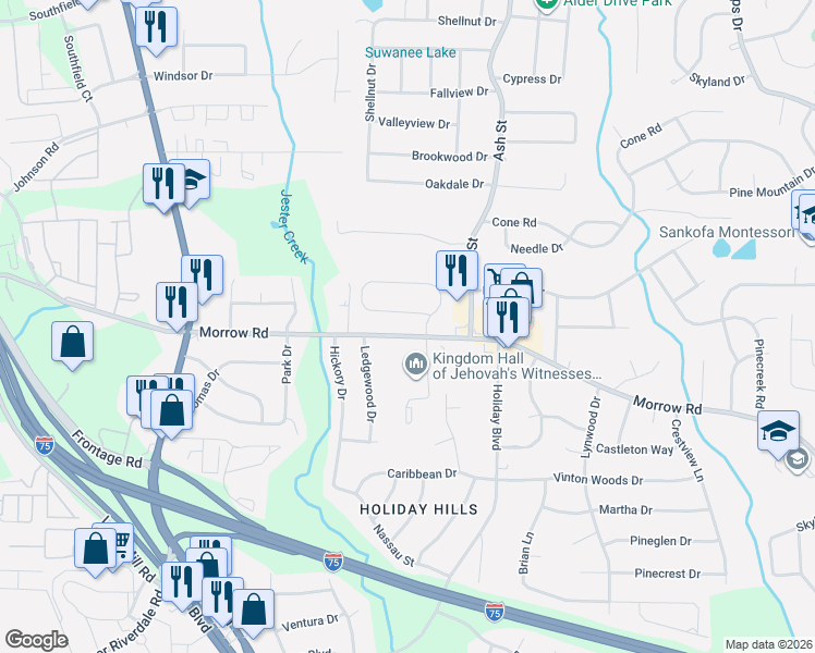 map of restaurants, bars, coffee shops, grocery stores, and more near 642 Morrow Road in Forest Park